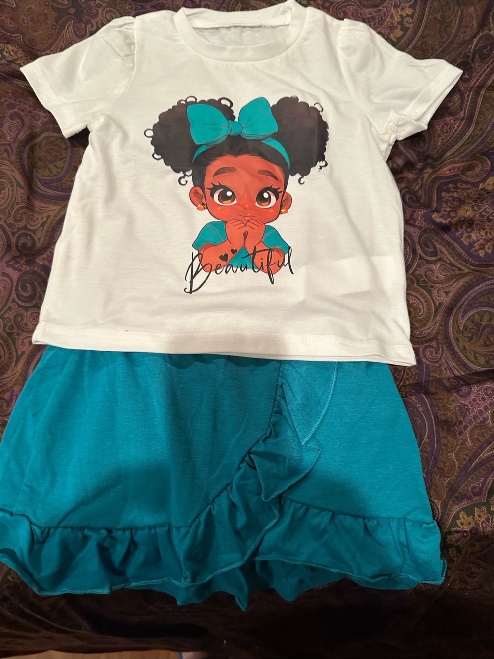 Girls White Tee and Teal Two-Piece Matching Set by
